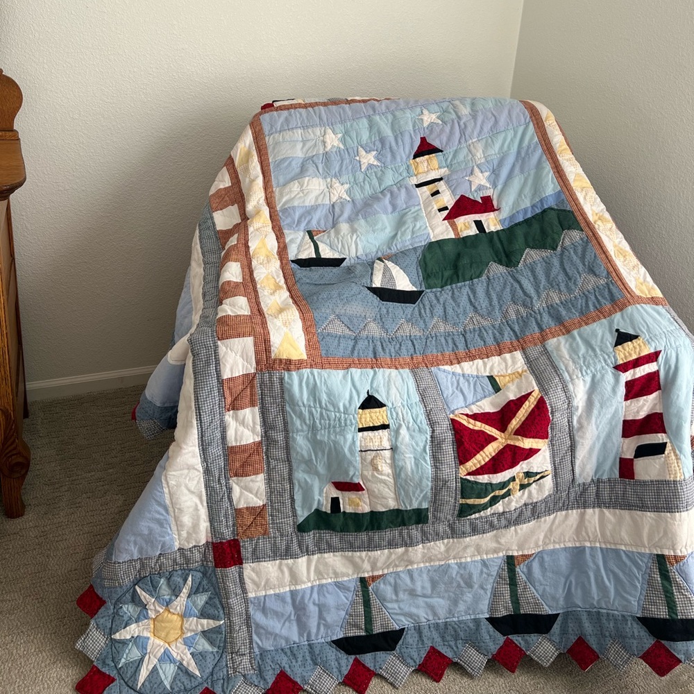 Vintage Sailboat and Lighthouse Quilt - Multicolor